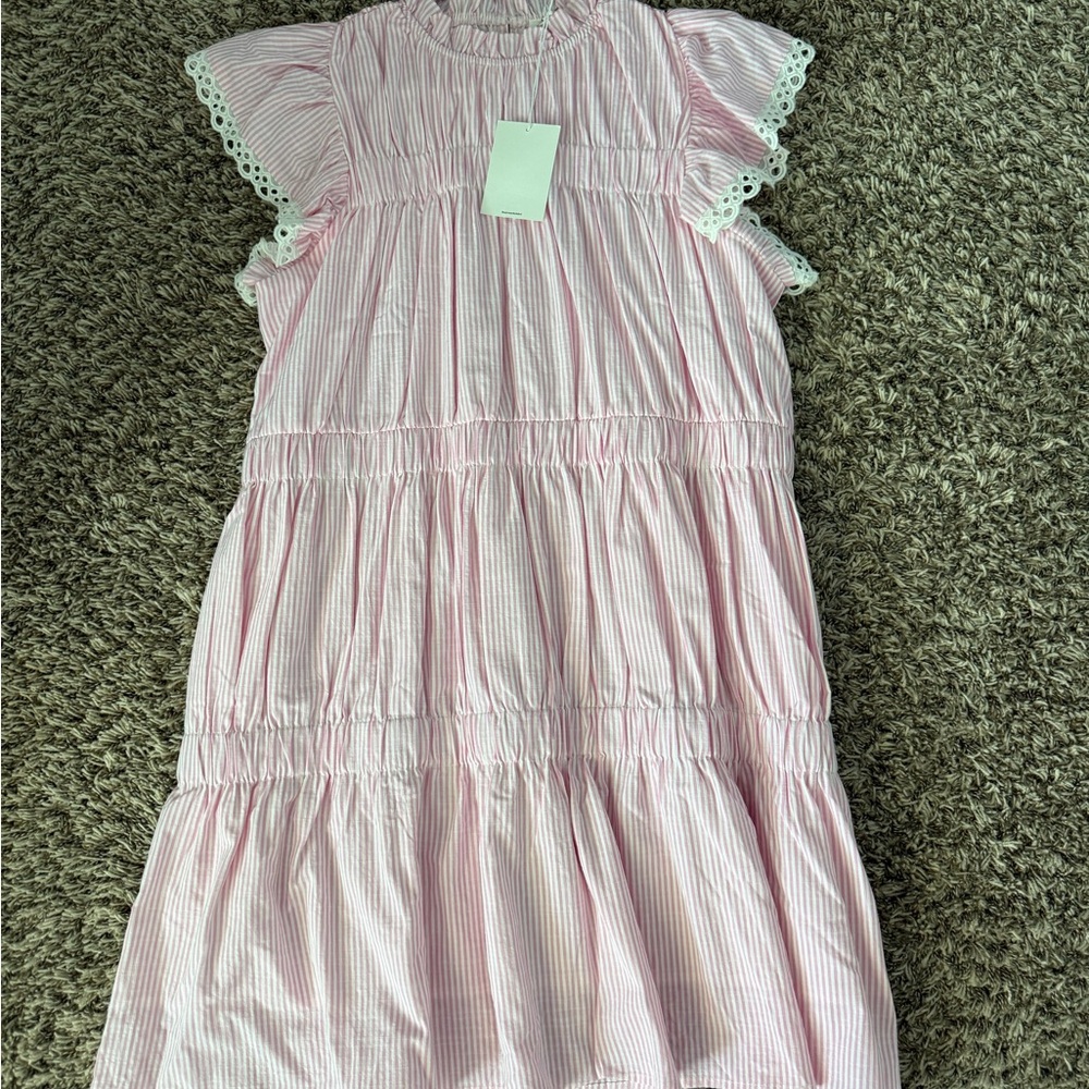 AUREUM Pink White Striped Eyelet Sleeve Tiered Dress - Picture 6 of 12